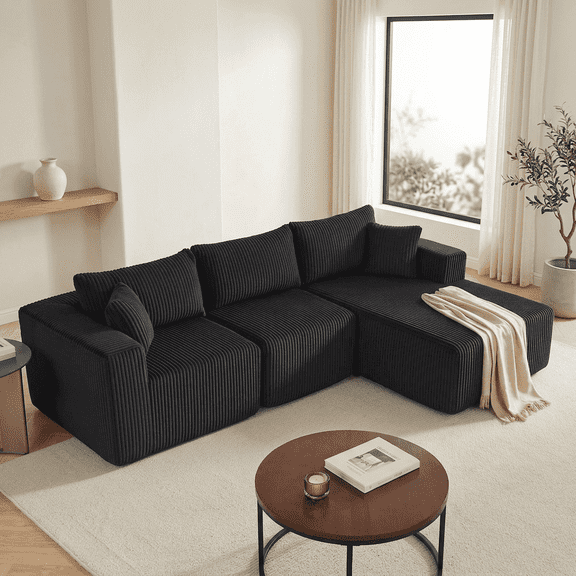 Huatean 97" L Shaped Modular Cloud Sectional Sofa, Deep Seat Boneless Couch with Right Facing Chaise, Black