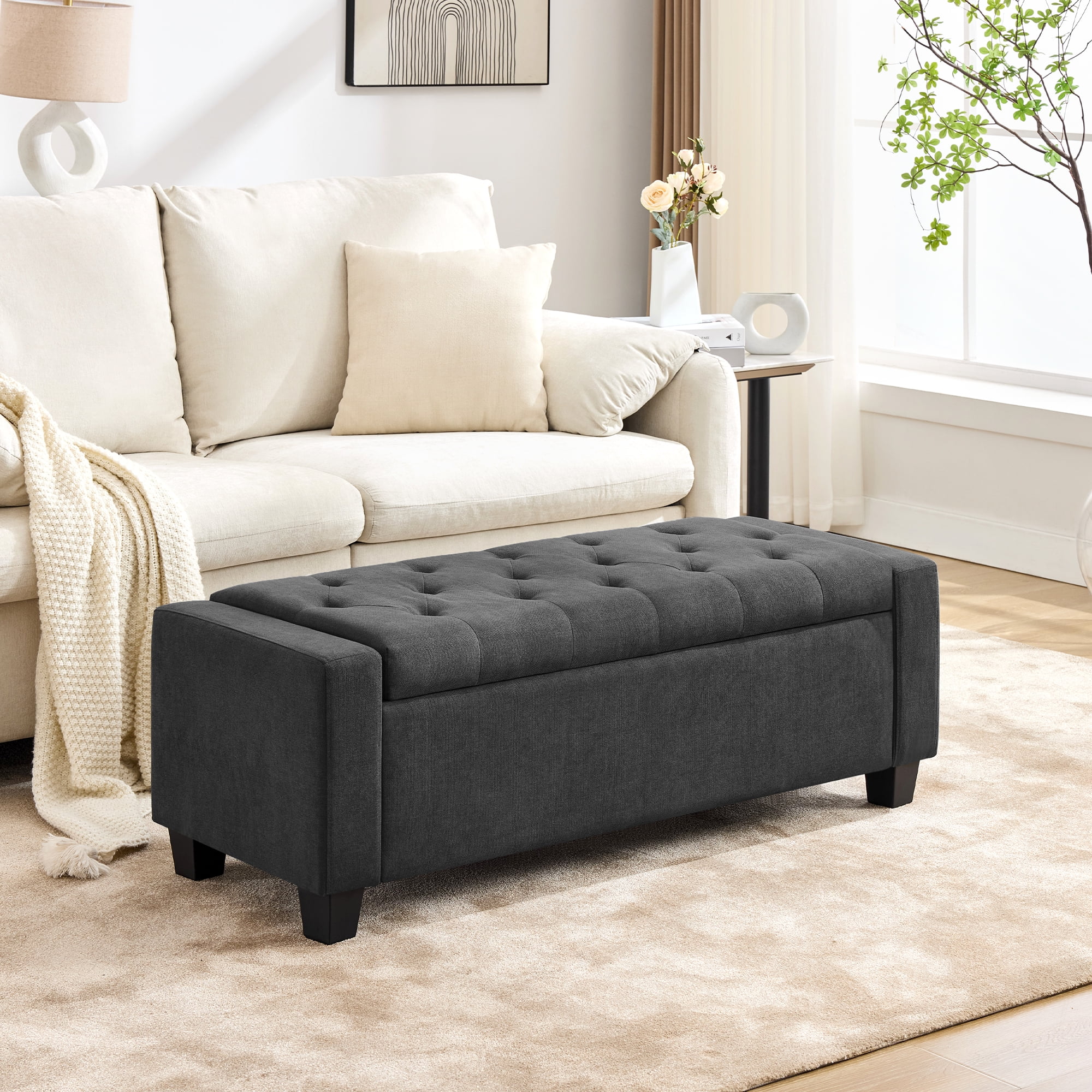 Huatean Home 48" Ottoman Storage Bench Upholstered with Safety Hinge, Dark Gray