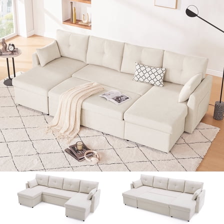 Weture Sectional Sleeper Sofa, 2 in 1 Pullout Couch Bed with Storage Chaise and Pillows, Side Pocket, Beige
