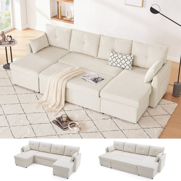 Weture Sectional Sleeper Sofa, 2 in 1 Pullout Couch Bed with Storage Chaise and Pillows, Side Pocket, Beige
