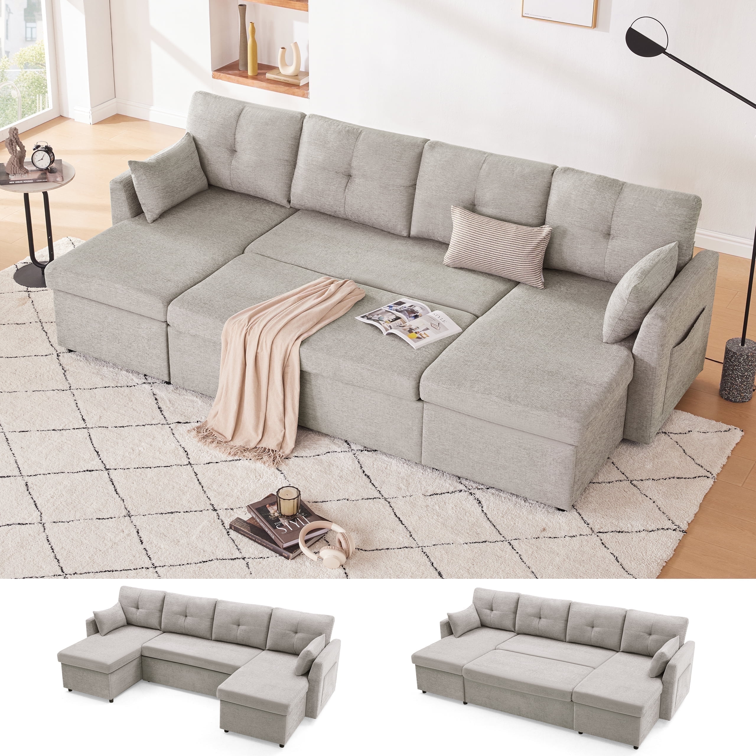 Weture Sectional Sleeper  Sofa, 2 in 1 Pullout Bed with Storage Chaise and Pillows, Side Pocket, LightGray
