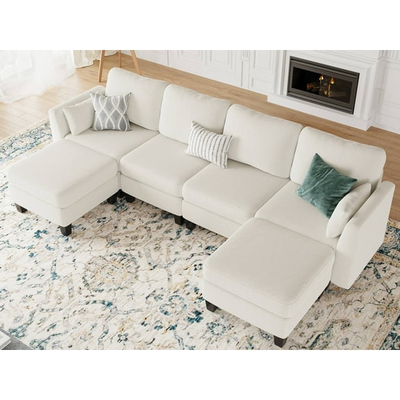 Huatean Modular Sectional Sofa 6-Seat Sleeper Couch with Ottoman for Living Room, Beige