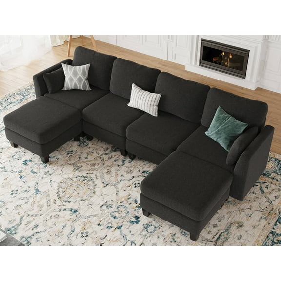 Huatean Modular Sectional Sofa 6-Seat Sleeper Couch with Ottoman for Living Room, Black