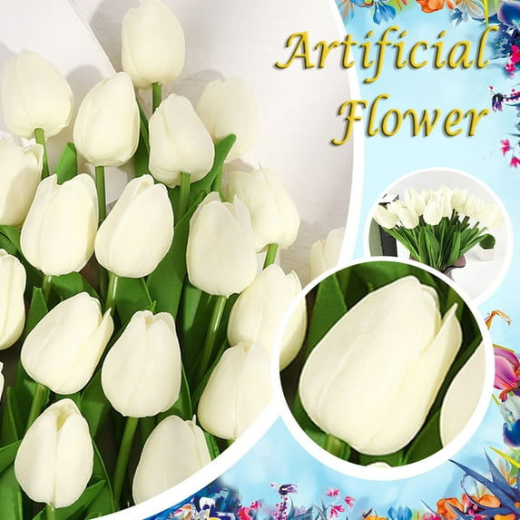 Huayishang Clearance Tulip Artificial Decorative Flowers Solid Color 10Pc Creamy White, Household Imitation Clearance Sale, 10Pc Artificial Flowers