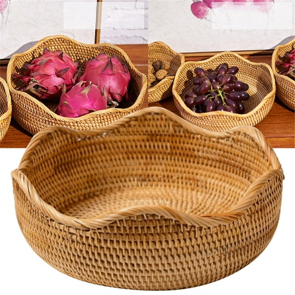 Huayishang Fruit Tray Rattan Woven Storage Basket Fruit Bread Food Kitchen Home Decor Organizer, Kitchen Essentials Clearance Sale Khaki