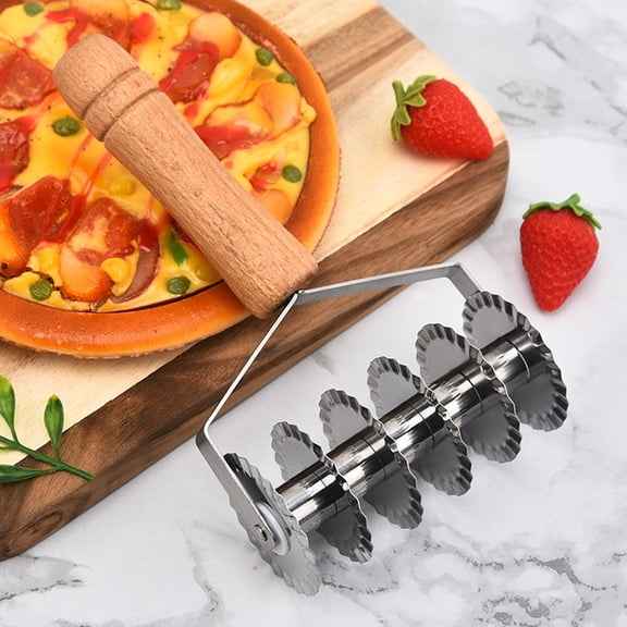 Huayishang Kitchen Fork Lace Cutter Fried Dough Stick Knife Manual Cutter Roller Cake Cutter Stainless Steel Wooden Handle Six-Wheel Pizza Knife, Kitchen Essentials Clearance Sale Khaki