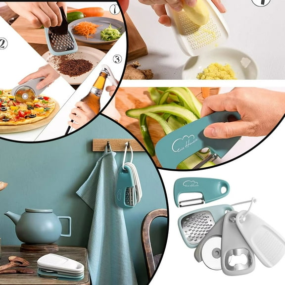 Huayishang Kitchen Grater Kitchen Unique Gadgets Set 5 Pieces Space Saving Cheese Grater Fruit Vegetable Peeler Pizza Cutter Garlic Grinder Gift Set, Kitchen Essentials Clearance Sale