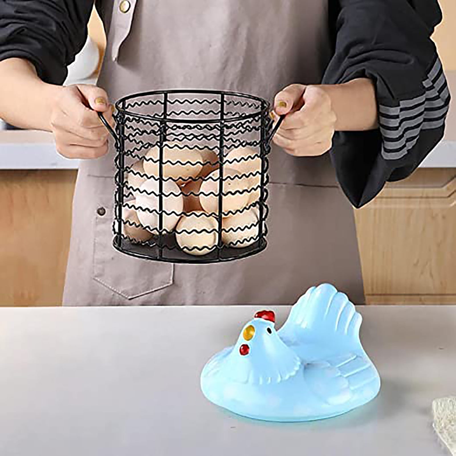 Huayishang Storage Box, Kitchen Essentials Clearance Sale Colorful Design Eggs Basket Ceramic Chicken Shaped Lid Round Wire Basket Bottom Handle Metal Wire Eggs Storage Basket With
