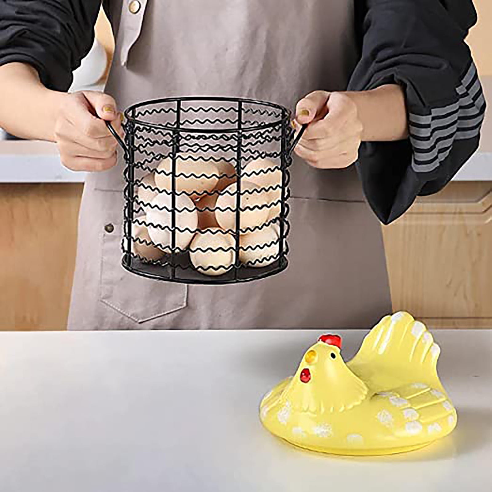 Huayishang Storage Box, Kitchen Essentials Clearance Sale Colorful Design Eggs Basket Ceramic Chicken Shaped Lid Round Wire Basket Bottom Handle Metal Wire Eggs Storage Basket With