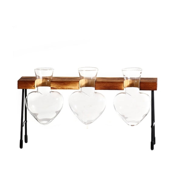Huayishang Storage Rack Heart Shape Glass Hydroponic Vase Flower Plant Pot Wooden Tray Desk Decoration, Kitchen Essentials Clearance Sale Brown
