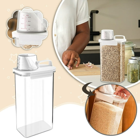Huayishang Storage Rack Plastic Oatmeal Dispenser Storage Box Kitchen Food Grain Oil Container with Counting Cup, Kitchen Essentials Clearance Sale White