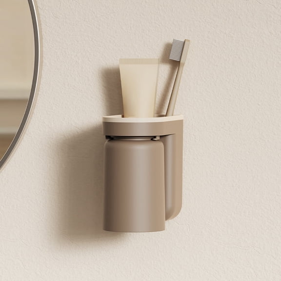 Huayishang Water Bottle Mouthwash Cup Set Bathroom Wall-Mounted Punch-Free Toothbrush Rack Bathroom Toothbrush Holder Brown, Kitchen Essentials Clearance Sale Brown