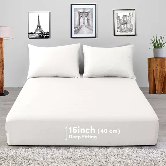 Huba Homes 16" Deep Pocket Elastic Fitted Sheet King Size Easy Care Washable Bed Sheets Cream