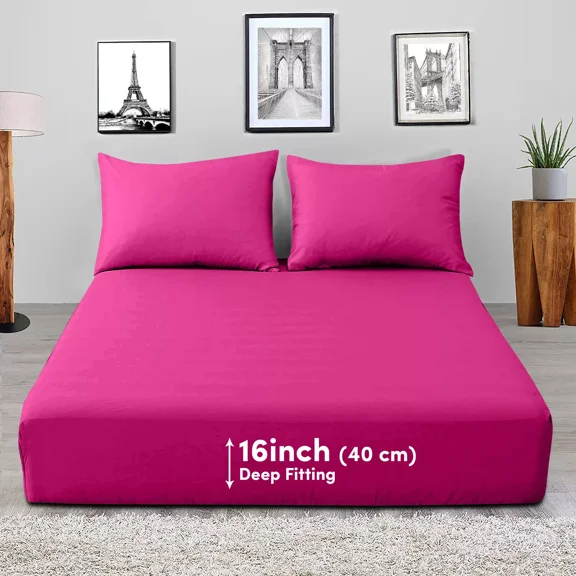 Huba Homes 16" Deep Pocket Elastic Fitted Sheet King Size Easy Care Washable Bed Sheets Pink