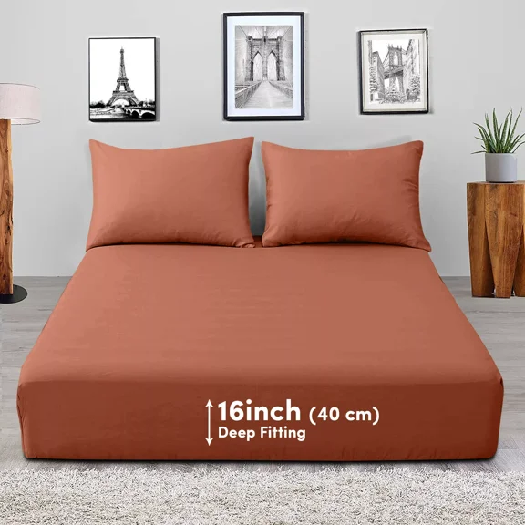 Huba Homes 16" Deep Pocket Elastic Fitted Sheet King Size Easy Care Washable Bed Sheets Rust