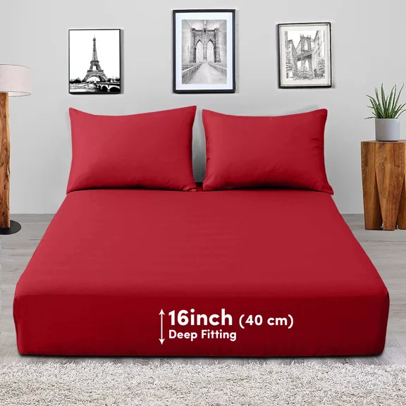 Huba Homes 16" Deep Pocket Elastic Fitted Sheet King Size Easy Care Washable Bed Sheets red