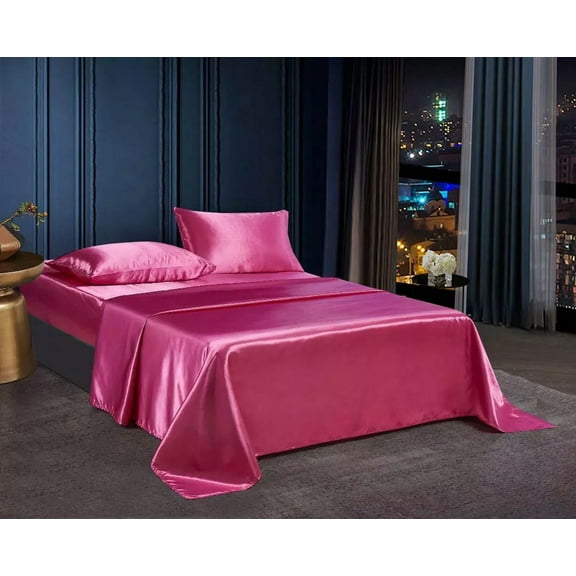 Huba Homes 4 PC Satin Silky Soft Bed Sheet Set Queen/King Size Fitted Pillow Cases 5 Colors queen pink