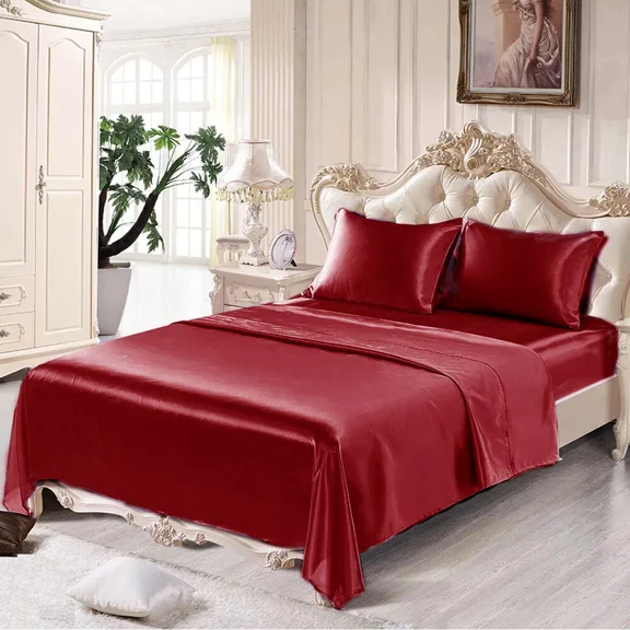 Huba Homes 4 Pcs Smooth Satin Silk Sheet Set Deep Pocket Bed Sheet Wrinkle Fade Resistant Twin Burgundy