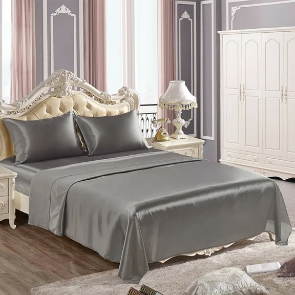 Huba Homes 4 Pcs Smooth Satin Silk Sheet Set Deep Pocket Bed Sheet Wrinkle Fade Resistant Twin Gray