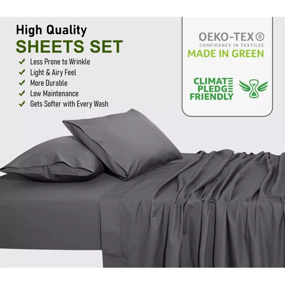 Huba Homes 4 Piece 100% Cotton Sheet Set Deep Pocket 200 Thread Count Cozy Soft Bed Sheets full Granite Gray