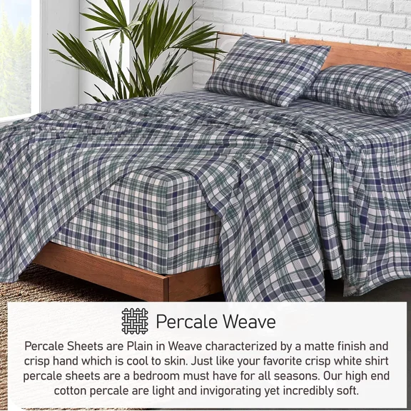 Huba Homes 4 Piece 100% Cotton Sheet Set Deep Pocket 200 Thread Count Cozy Soft Bed Sheets twin Greenish Blue Plaid