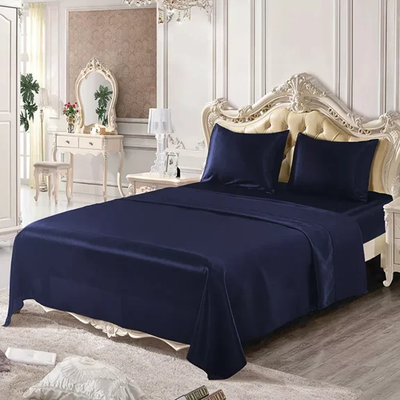 Huba Homes 4PC King Size Satin Sheet Set Solid Color Bed Sheets Deep Pocket Fitted Sheet Navy Blue