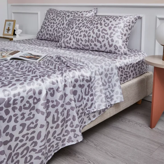 Huba Homes 4Pcs Satin Sheet Set Deep Pocket Leopard Pattern Sheets Super Soft w/ Pillowcase queen