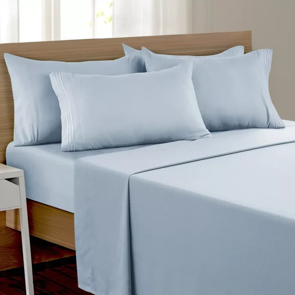 Huba Homes 6 Pcs Bed Sheet Set Soft Deep Pocket Microfiber Hotel Collection Bedding Sheets queen ice blue