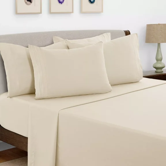 Huba Homes 6 Piece Bed Sheet Set 1800 Series Microfiber Comfort Deep Pocket Hotel Bed Sheet queen vanilla