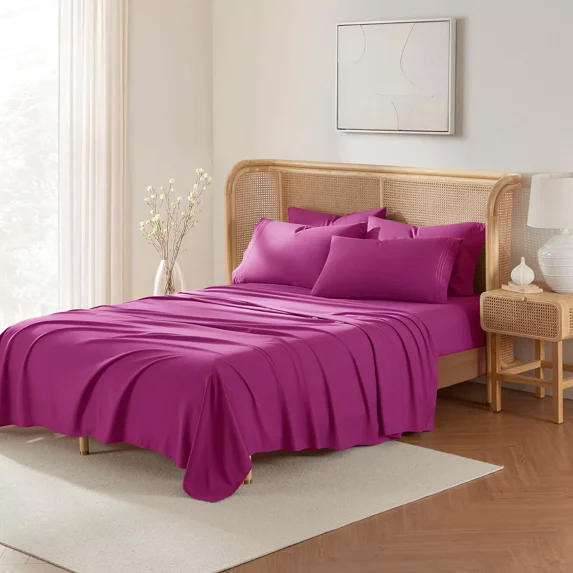 Huba Homes 6 Piece Bed Sheet Set by Nymbus- Hotel Luxury Pillowcases, Fitted & Flat Sheets Twin XL Vivacious Magenta