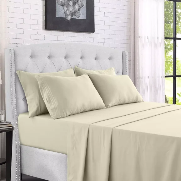 Huba Homes 6 Piece Bed Sheets Deep Pocket Microfiber Comfort 1800 Series Queen Sheet Set vanilla