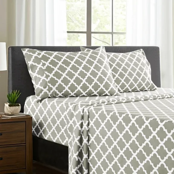 Huba Homes Bed Sheet Set 4 Piece Microfiber Printed Sheets Deep Pocket Ultra Soft Bedsheets twin taupe white