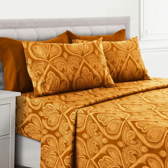 Huba Homes Deep Pocket 6 Piece Bed Sheet Set 1800 Series Microfiber Comfort Paisley Sheets Queen Taupe