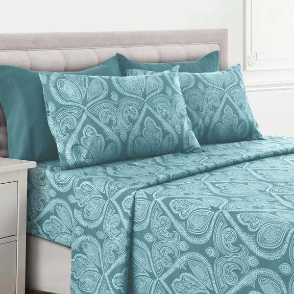 Huba Homes Deep Pocket 6 Piece Bed Sheet Set 1800 Series Microfiber Comfort Paisley Sheets california king Blue