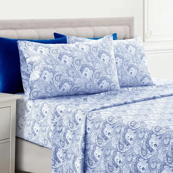 Huba Homes Deep Pocket 6 Piece Bed Sheet Set 1800 Series Microfiber Comfort Paisley Sheets Queen White Blue