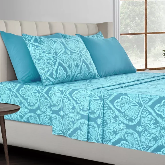 Huba Homes Deep Pocket 6 Piece Bed Sheets Set 1800 Series Luxury Comfort Paisley Sheet Set twin blue