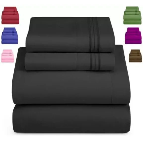 Huba Homes Egyptian Comfort 4 Piece Fitted Flat Bed Sheet Set 1900 Count Deep Pocket Sheets twin Black
