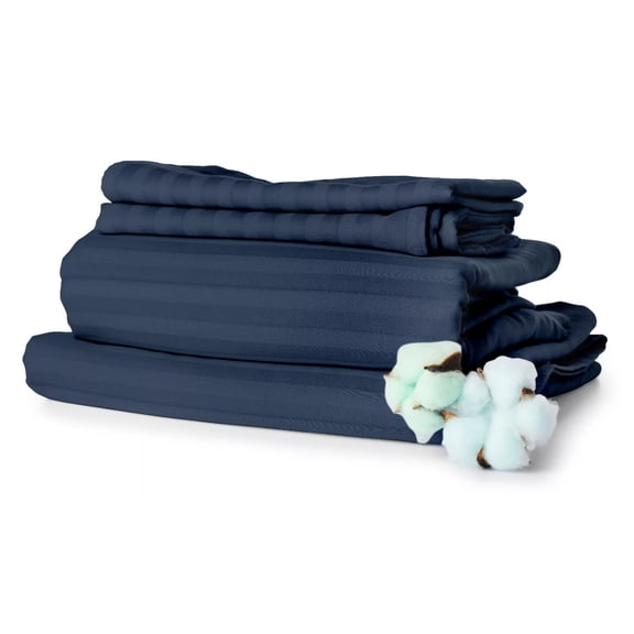 Huba Homes Egyptian Cotton Feel 1800 Count Dolby Stripe Sheets Pocket 4 Piece Bed Sheet Set king navy blue