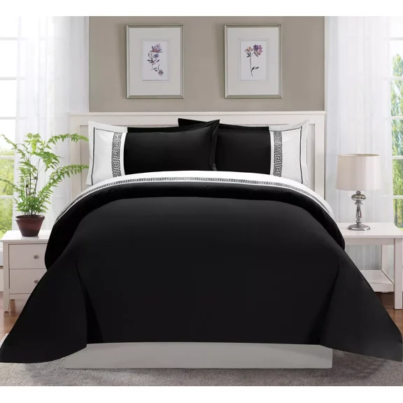 Huba Homes Elegant Comfort 3-Piece Greek Embroidered Duvet Cover Set twin/twinxl BLACK