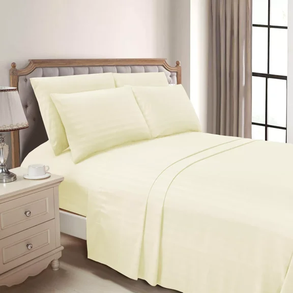 Huba Homes Elegant Comfort 6-Piece Dobby Stripe Printed Bed Sheet Set- Soft as a Hotel Prem king CREAM