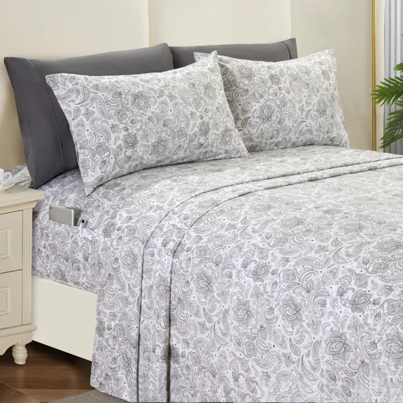Huba Homes Elegant Comfort 6-Piece Paisley Printed Pattern - Soft as a Hotel Premium Qualit king GRAY