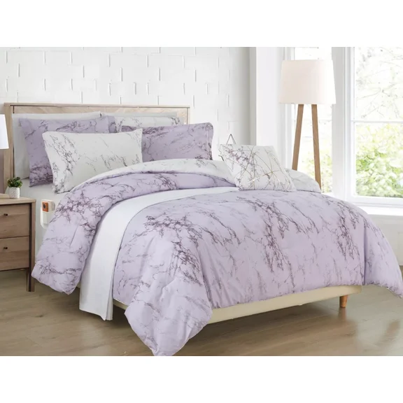 Huba Homes Elegant Comfort Reversible 10-Piece Marble Print Comforter Set, Includes 6-Piece king/cal king Lilac/White