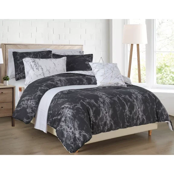 Huba Homes Elegant Comfort Reversible 10-Piece Marble Print Comforter Set, Includes 6-Piece twin/twinxl Black/White