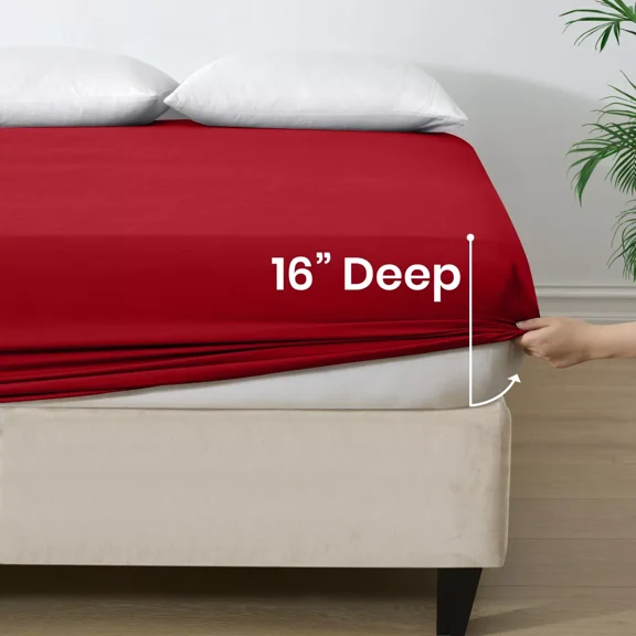 Huba Homes Fitted Sheet King Size 16” Deep Pocket Ultra Soft Breathable Elastic Bed Sheets red