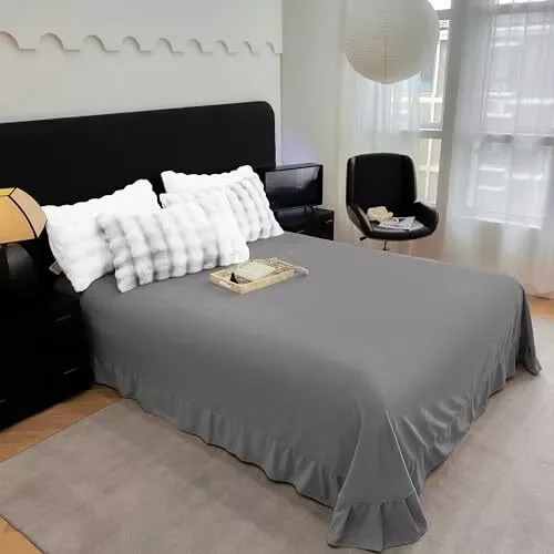 Huba Homes Flannel Queen Flat Sheet only,Super Soft Warm Bedding Dark Gray Top Sheet 1 P...