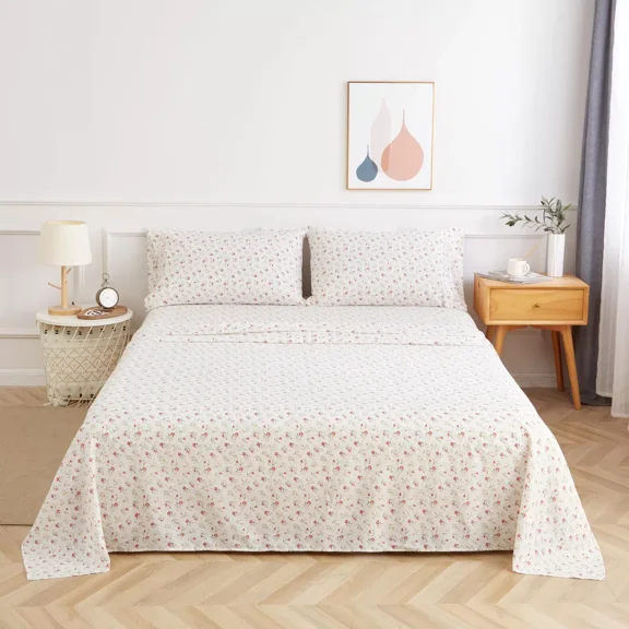 Huba Homes Full Bed Sheet Set 4PC Printed Red Cute Flower Sheet Pattern Cooling Brushed ...