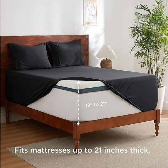 Huba Homes King Sheets Set - Fits Mattresses Up to 21" Thick, 4 Piece Air Mattress Sheets with Deep Pocket, Moisture Wicking Soft Cooling Bedding Sheets & PillowcasesBlack