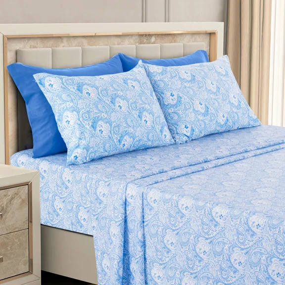 Huba Homes Luxury Deep Pocket 6 Piece Bed Sheet Set 1800 Series Hotel Comfort Paisley Sheet king White Blue