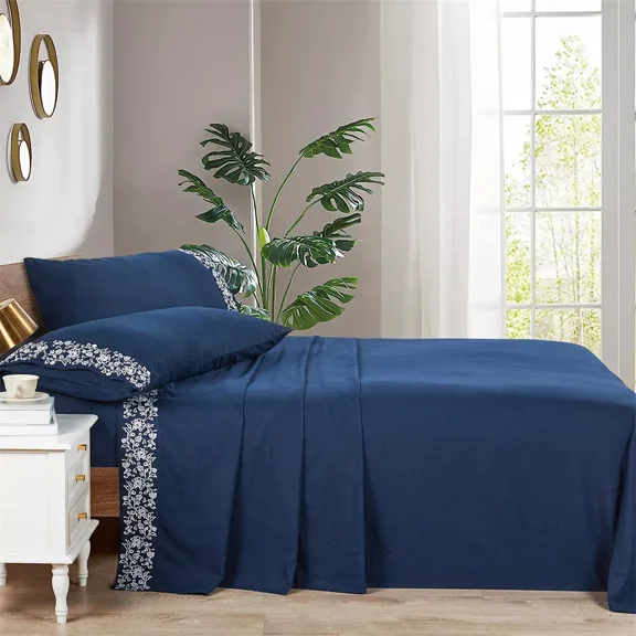 Huba Homes Luxury Embroidery 4PC Sheets Set Ultra Soft Hypoallergenic 8 Different Colors king Navy Blue