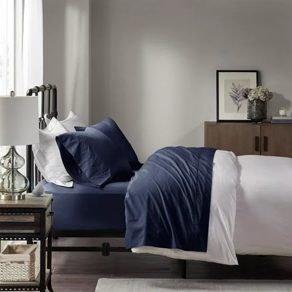 Huba Homes Madison Park Cotton Single Pick Peached Brushed Percale Sheet Set Blue Full